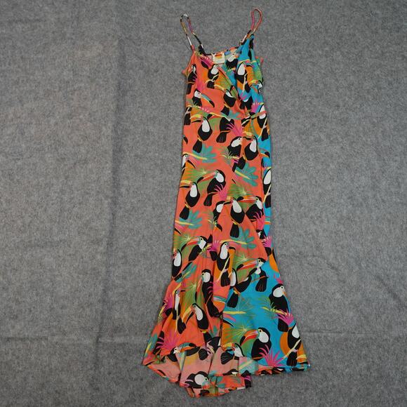 Farm Rio Dress Womens Small Toucan Wrap Midi V-Neck Beaded Tassel Tropical - Picture 2 of 12